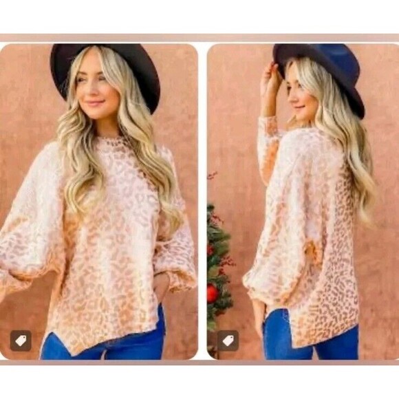 Andthewhy METALLIC Animal Print Sweater S/M Oversize Balloon Sleeves Chunky Knit - Picture 1 of 6